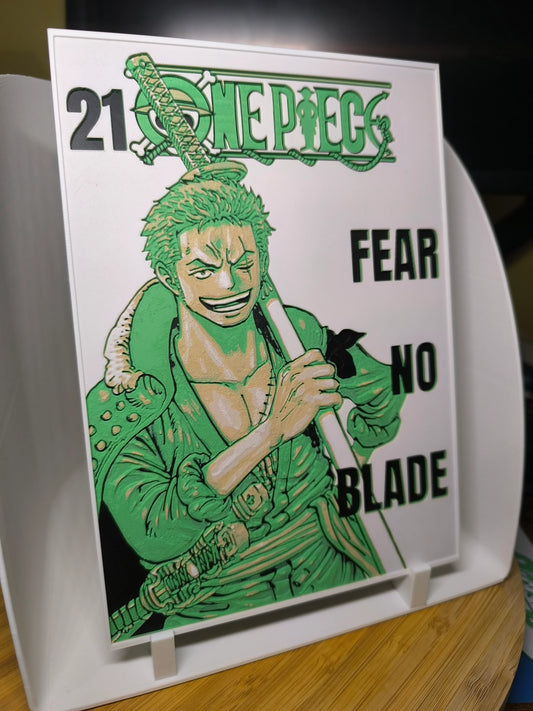 Tableau en relief de Roronoa Zoro de One Piece avec texte Fear No Blade