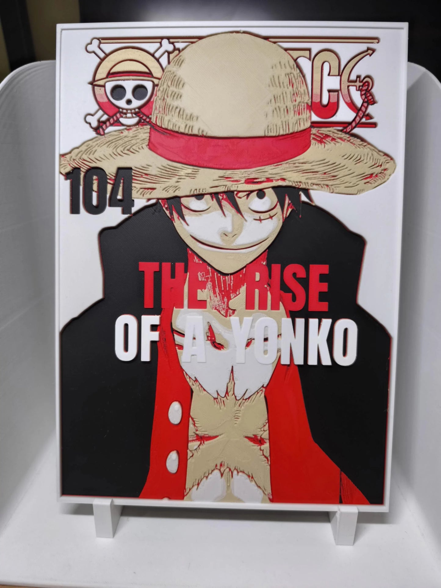 Illustration de Luffy de One Piece avec chapeau de paille, veste rouge et texte The Rise of A Yonko