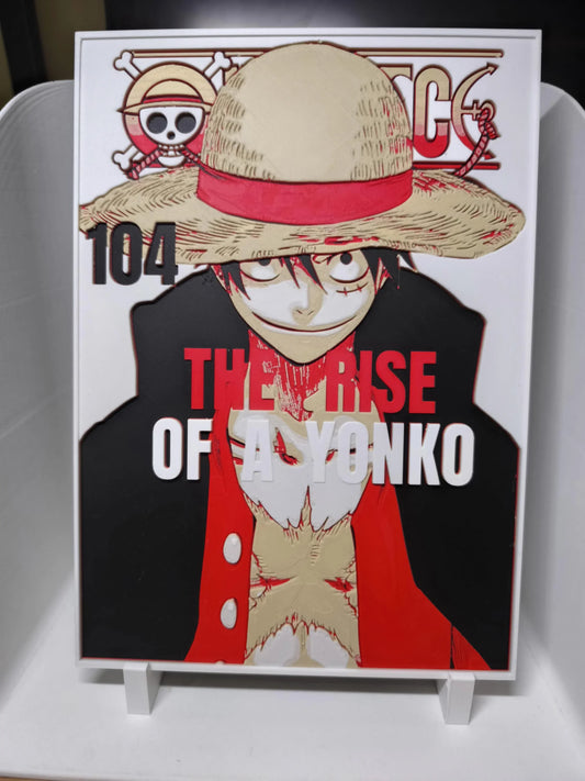 Illustration de Luffy de One Piece avec chapeau de paille, veste rouge et texte The Rise of A Yonko