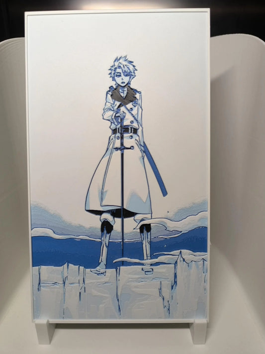 Illustration style manga d'un personnage en manteau blanc avec épée sur un iceberg en mer bleue