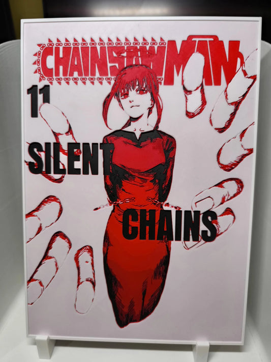 Couverture manga Chainsaw Man tome 11 avec personnage féminin en robe rouge et chaînes aux poignets