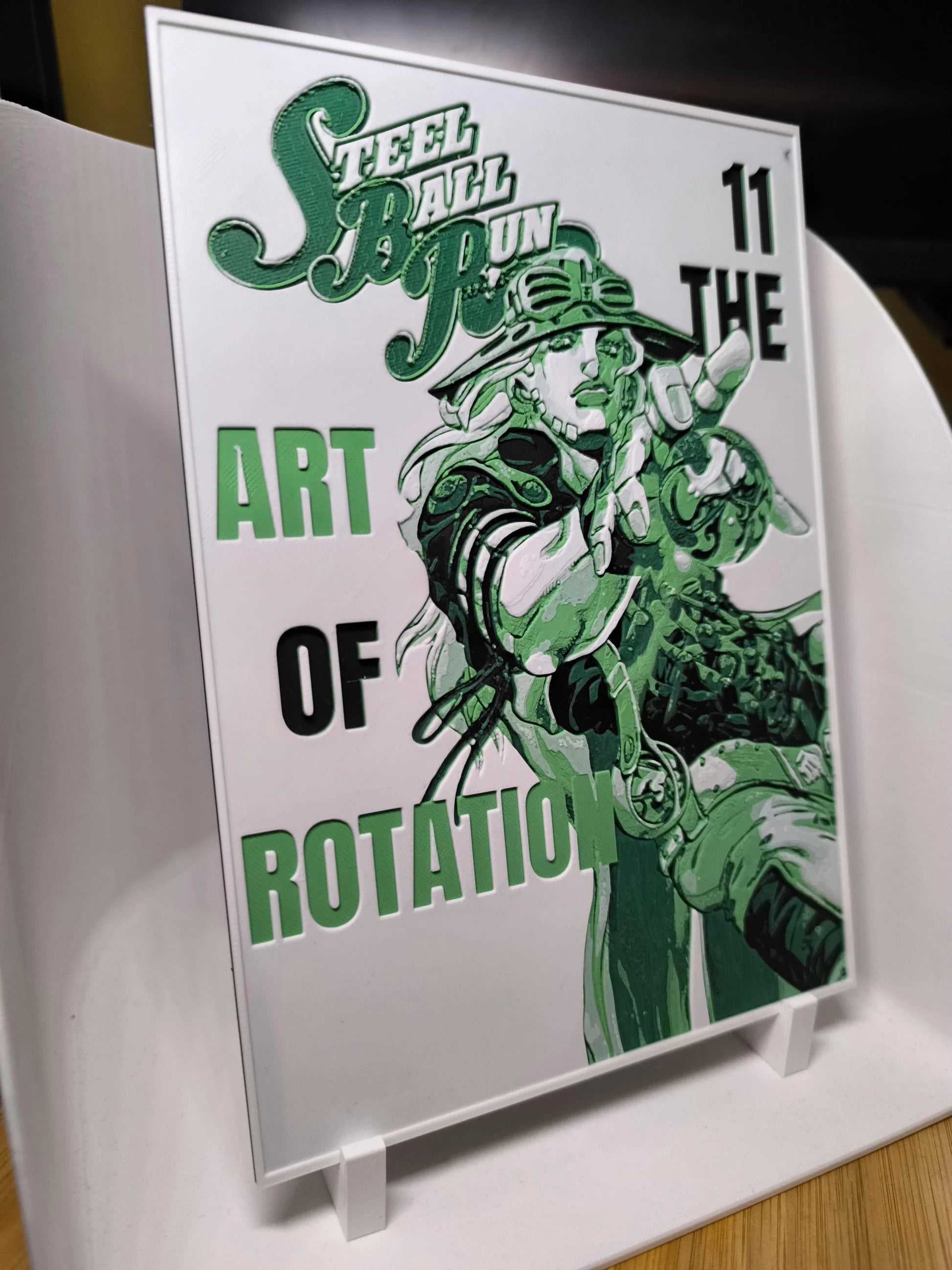 Panneau illustré style manga vert et blanc avec texte Steel Ball Run 11 The Art of Rotation