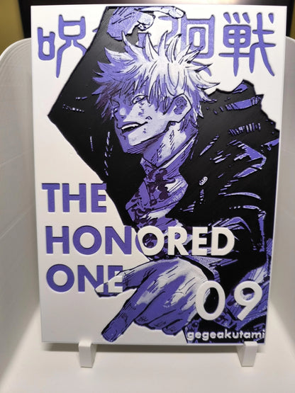 Personnage d'anime manga Jujutsu Kaisen avec texte the honored one 09 et enseigne gegeakutami