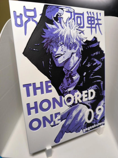 Illustration manga violet de personnage avec cheveux blancs, texte THE HONORED ONE et signes japonais