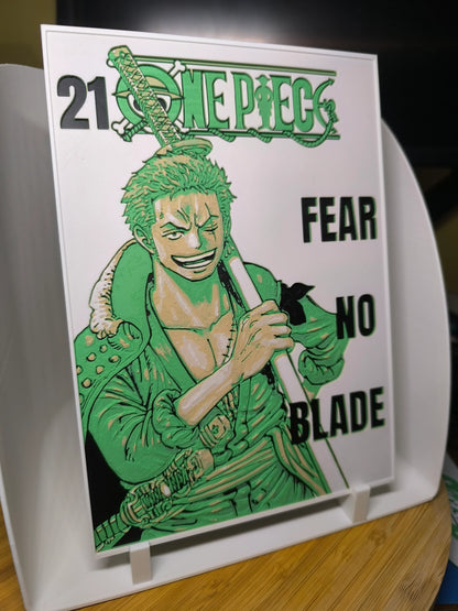 Tableau en relief de Roronoa Zoro de One Piece avec texte Fear No Blade