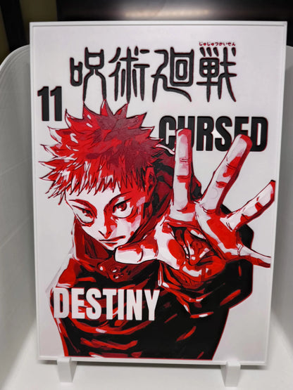 Couverture du manga Jujutsu Kaisen volume 11 avec personnage principal en pose dynamique rouge et noire, titres CURSED DESTINY