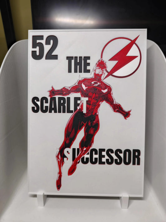 Illustration Scarlet Successor 52 avec super-héros en costume rouge et logo éclair sur fond blanc