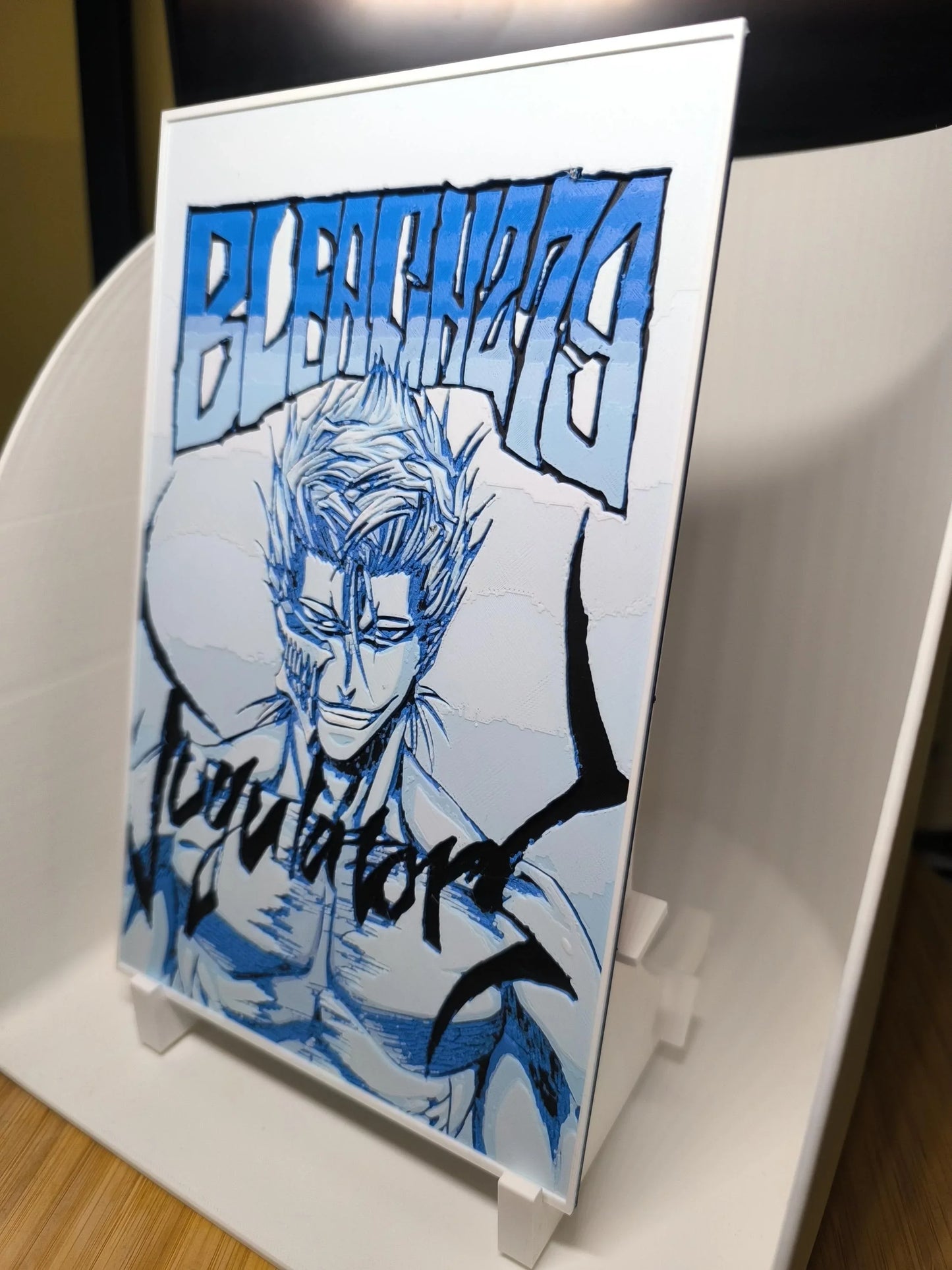 Illustration manga Bleach sur toile avec personnage masculin et texte stylisé en bleu et noir
