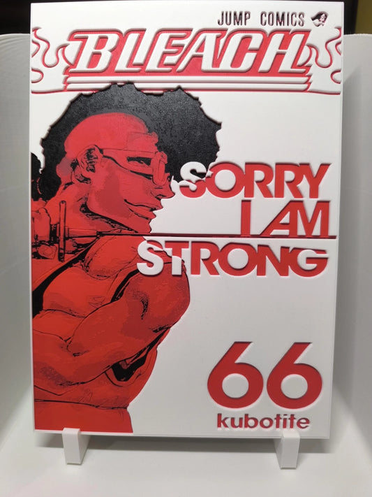 Couverture manga Bleach tome 66 avec personnage rouge, slogan Sorry I Am Strong, style Jump Comics