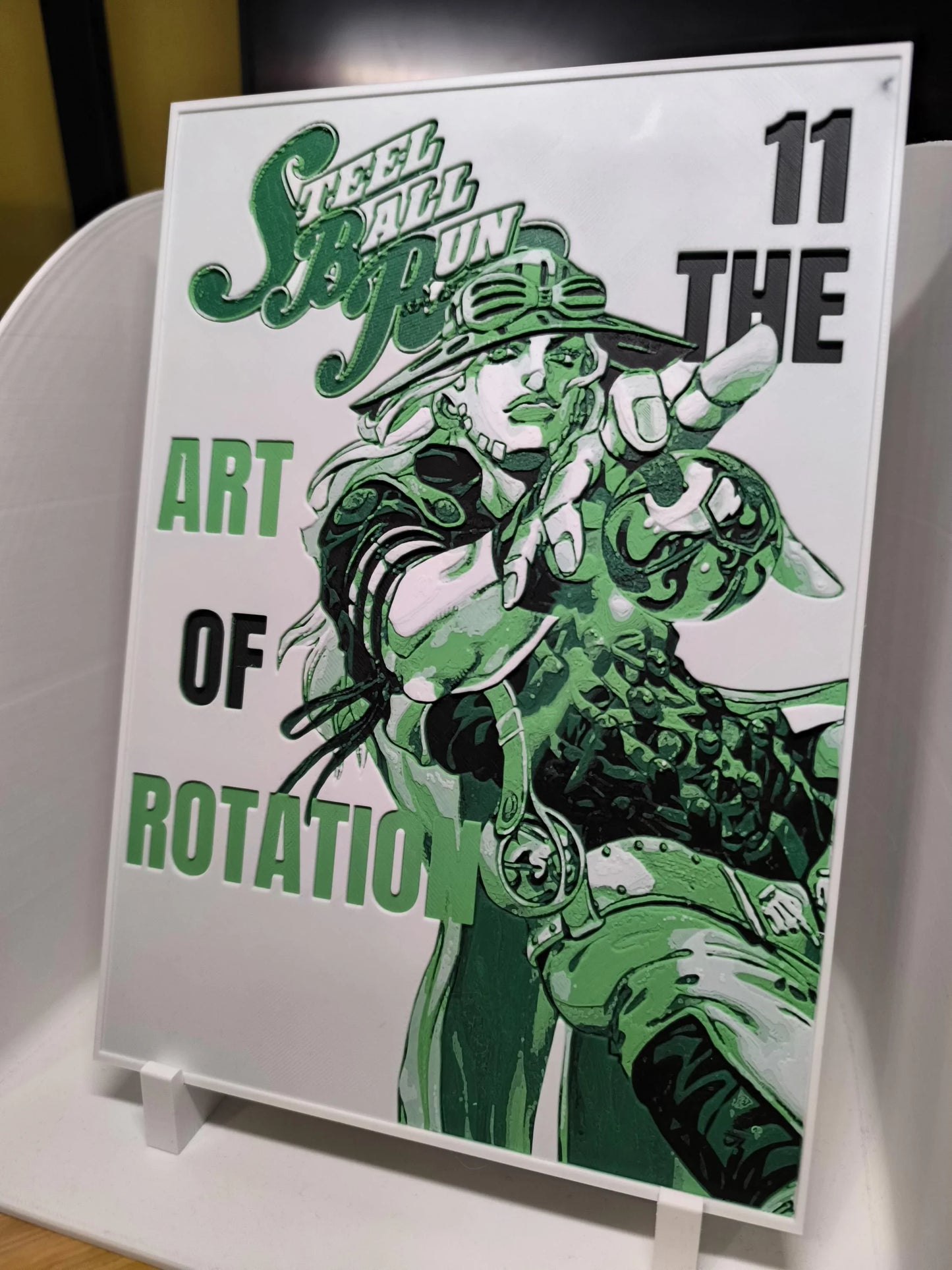Affiche artistique Steel Ball Run n°11 avec personnage stylisé en vert et noir pointant vers l'avant