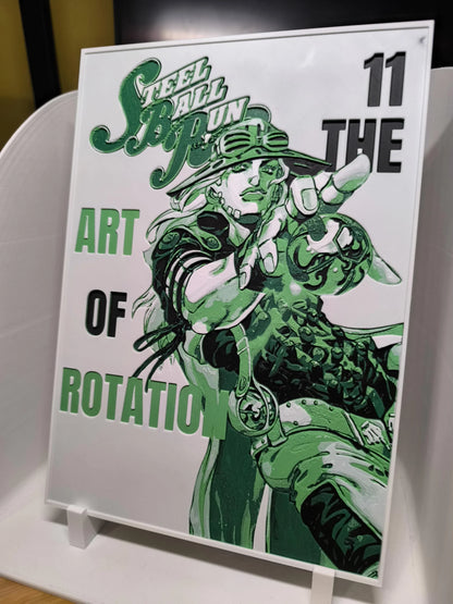Affiche artistique Steel Ball Run n°11 avec personnage stylisé en vert et noir pointant vers l'avant