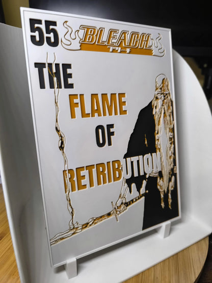 Couverture manga Bleach volume 55 The Flame of Retribution avec personnage en noir et blanc tenant un katana