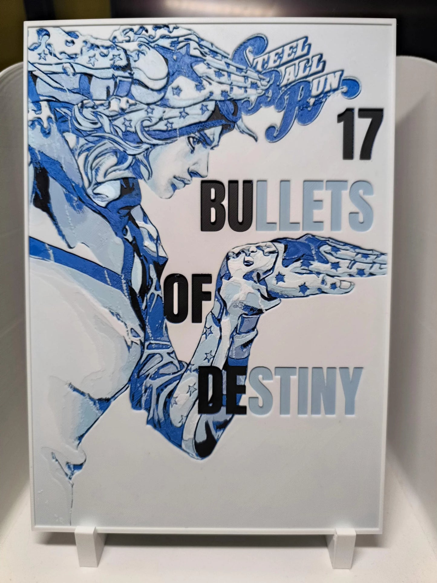 Illustration bleu et blanc d'une femme en profil pointant une arme de poing étoilée, texte "Steel Ball Run 17 Bullets of Destiny"