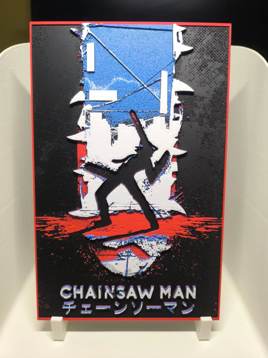 Affiche artistique Chainsaw Man avec silhouette noire, arrière-plan bleu, rouge, blanc, typographie anglaise et japonaise