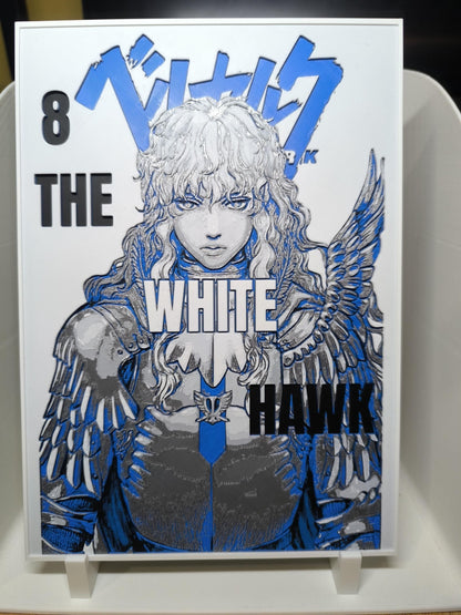 Couverture manga Berserk tome 8 The White Hawk avec personnage en armure ailée bleue et grise