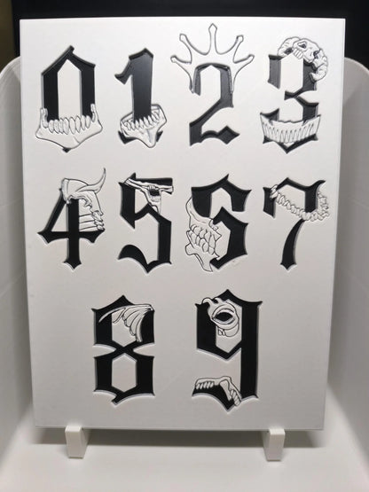 Chiffres gothiques noirs de 0 à 9 avec motifs de crânes et dents blancs en relief