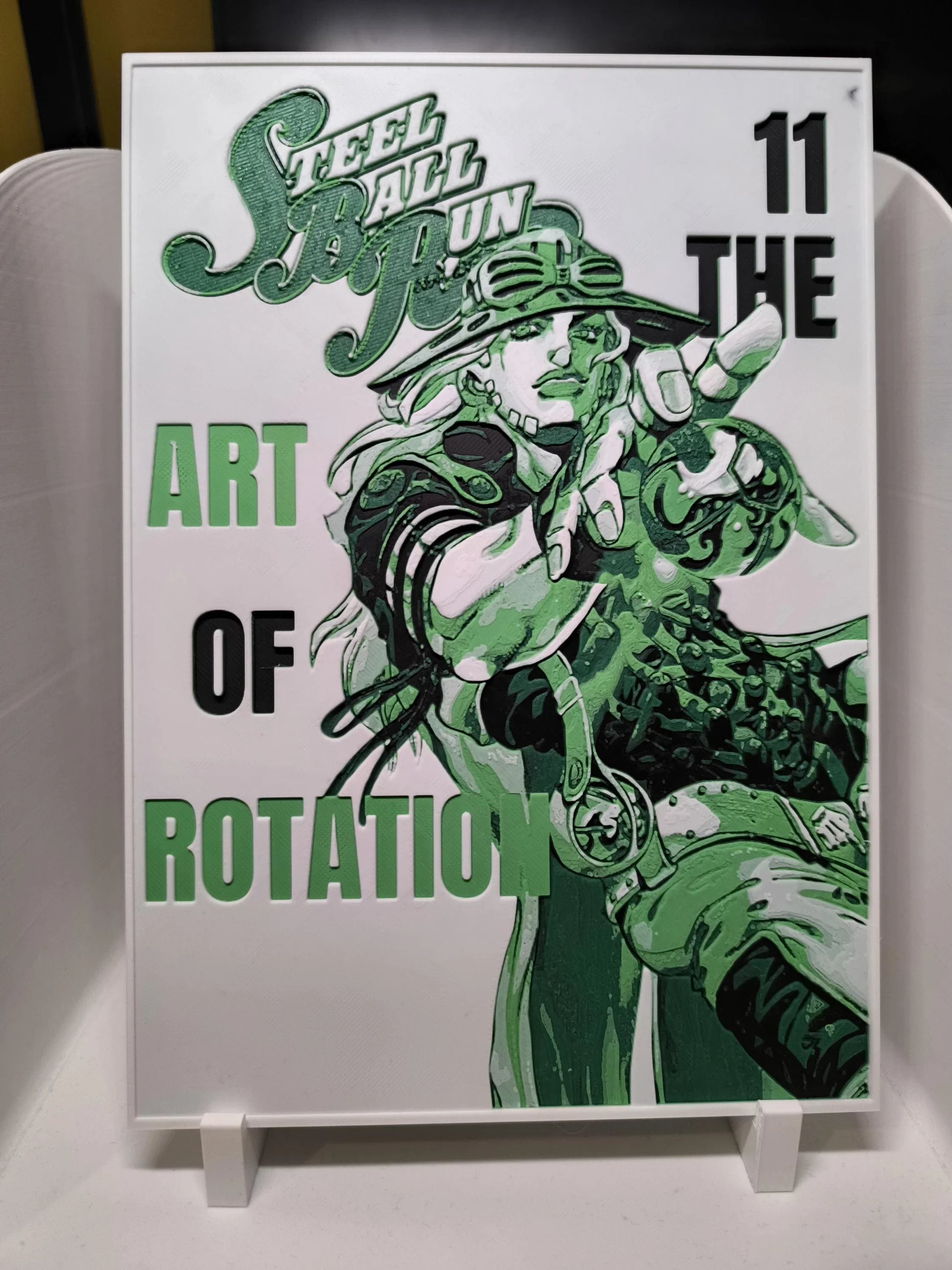 Illustration verte et noire de Steel Ball Run numéro 11 avec personnage en mouvement et texte Art of Rotation