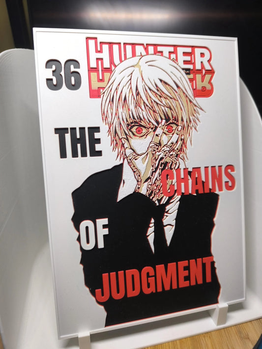 Couverture manga Hunter x Hunter tome 36 The Chains of Judgment avec personnage aux yeux rouges et chaînes