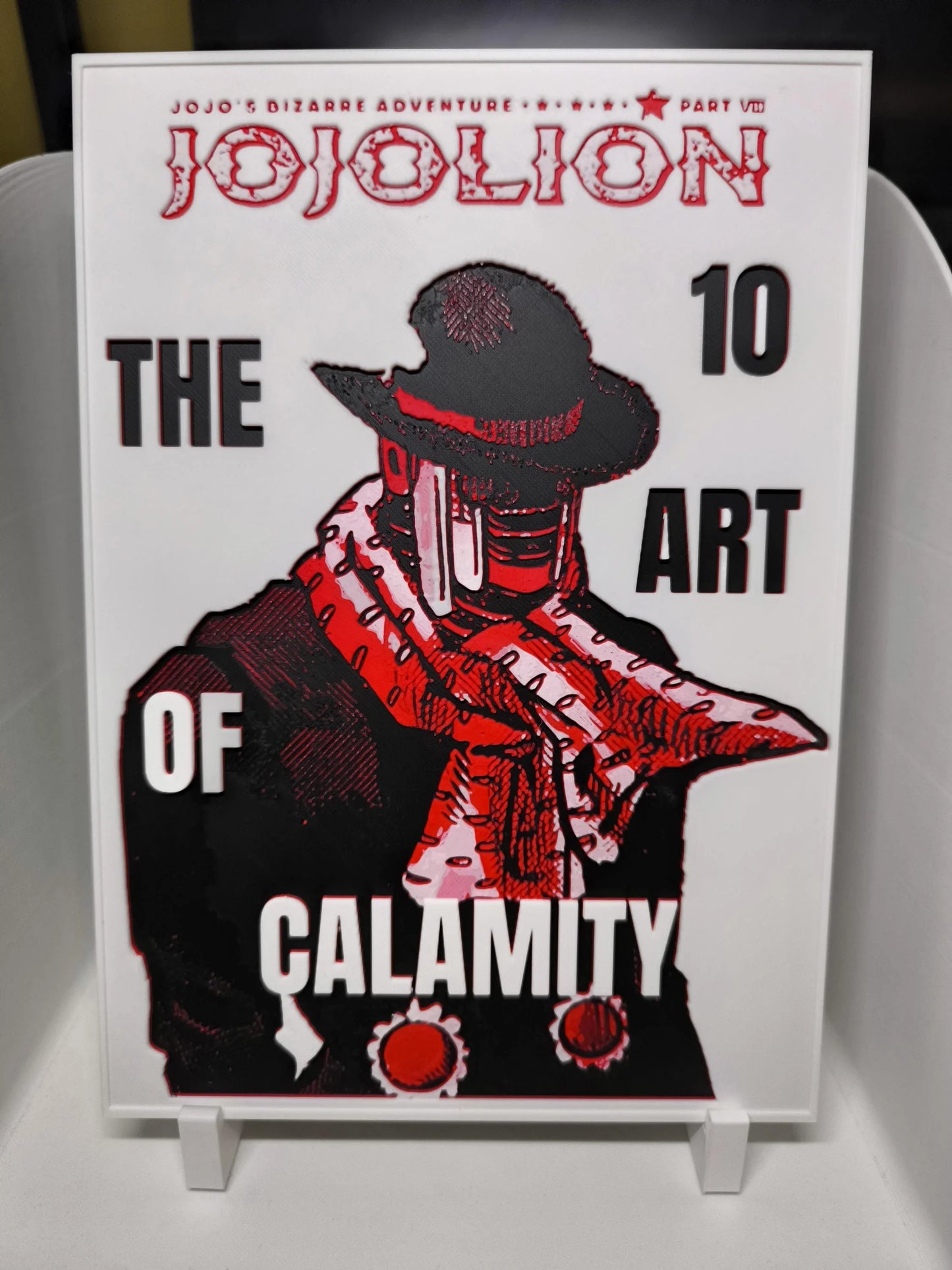 Couverture de manga Jojolion tome 10 avec illustration rouge et noir d'un personnage au chapeau et écharpe