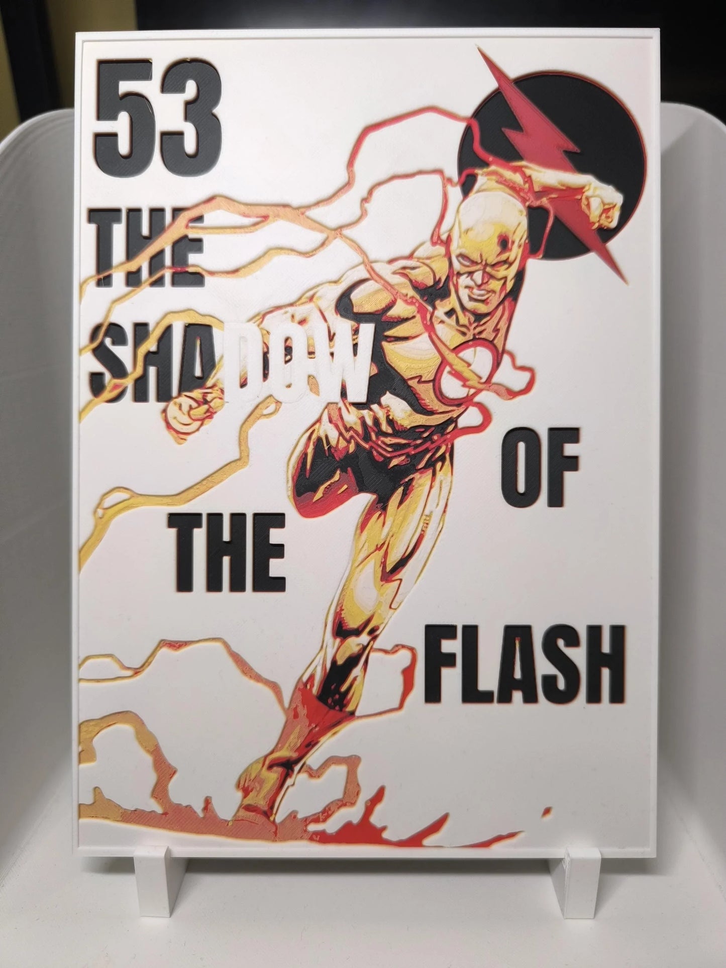 Affiche rétro du super-héros Flash avec texte "53 The Shadow of the Flash" et éclairs rouges