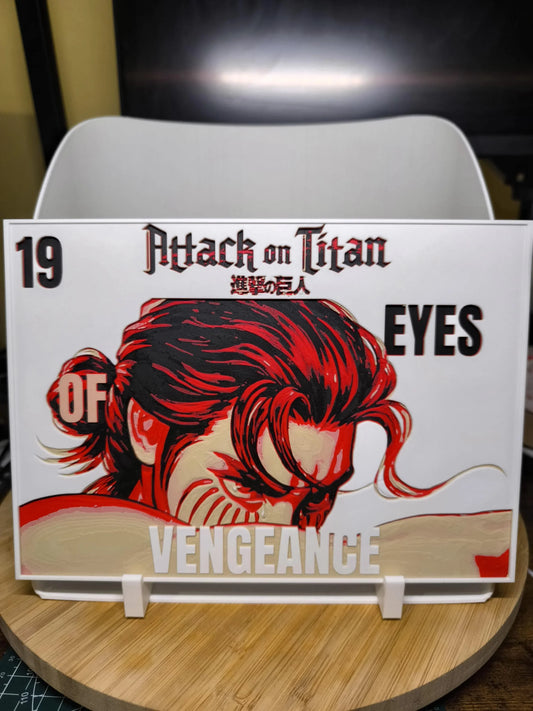 Boîte Attack on Titan tome 19 avec illustration rouge et noire intense d'un personnage aux yeux de vengeance