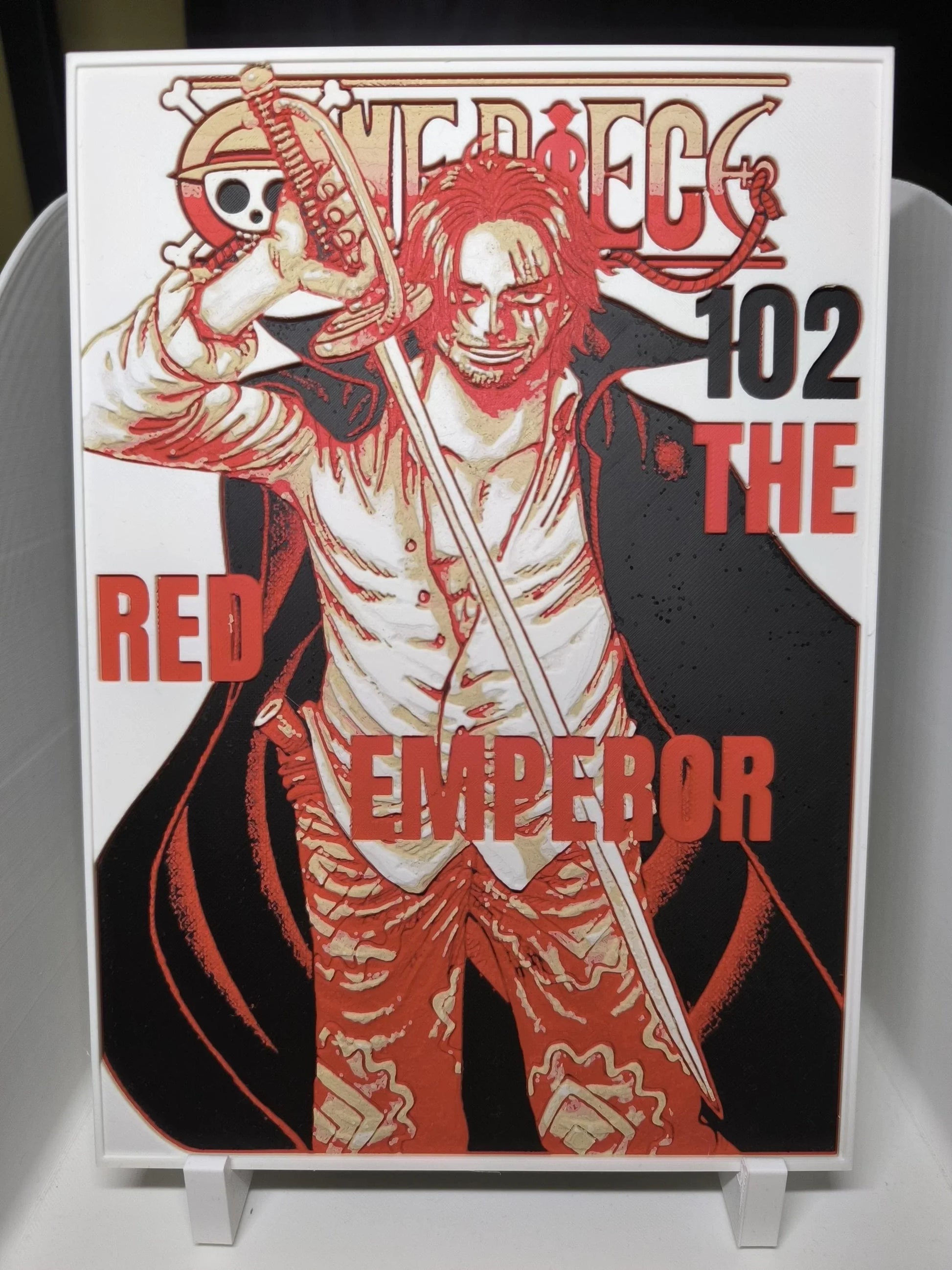 Affiche manga One Piece numéro 102 avec personnage Red Emperor tenant une épée et portant une cape noire
