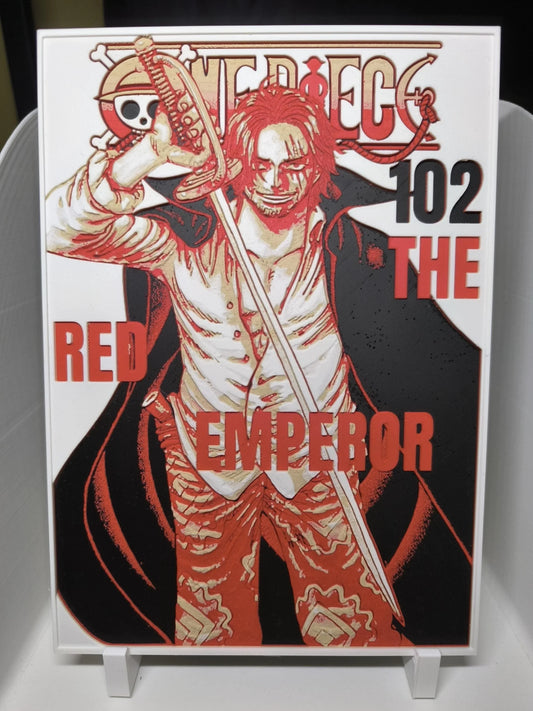 Affiche manga One Piece numéro 102 avec personnage Red Emperor tenant une épée et portant une cape noire