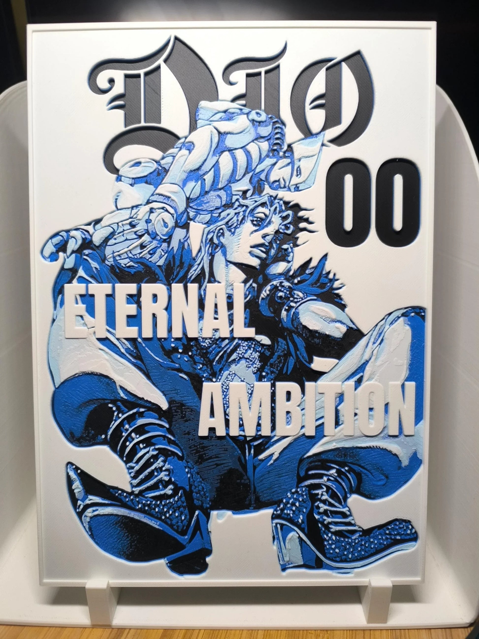 Illustration bleue et noire d'un personnage en bottes à talons sur fond blanc avec texte Dio 00 Eternal Ambition