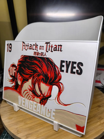 Affiche Attack on Titan numéro 19 avec illustration rouge et noire et texte Vengeance sur support blanc