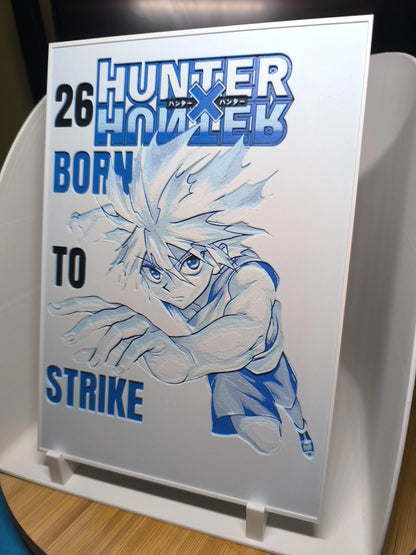 Illustration bleue et blanche de Gon Freecss de Hunter x Hunter avec texte Born to Strike et numéro 26