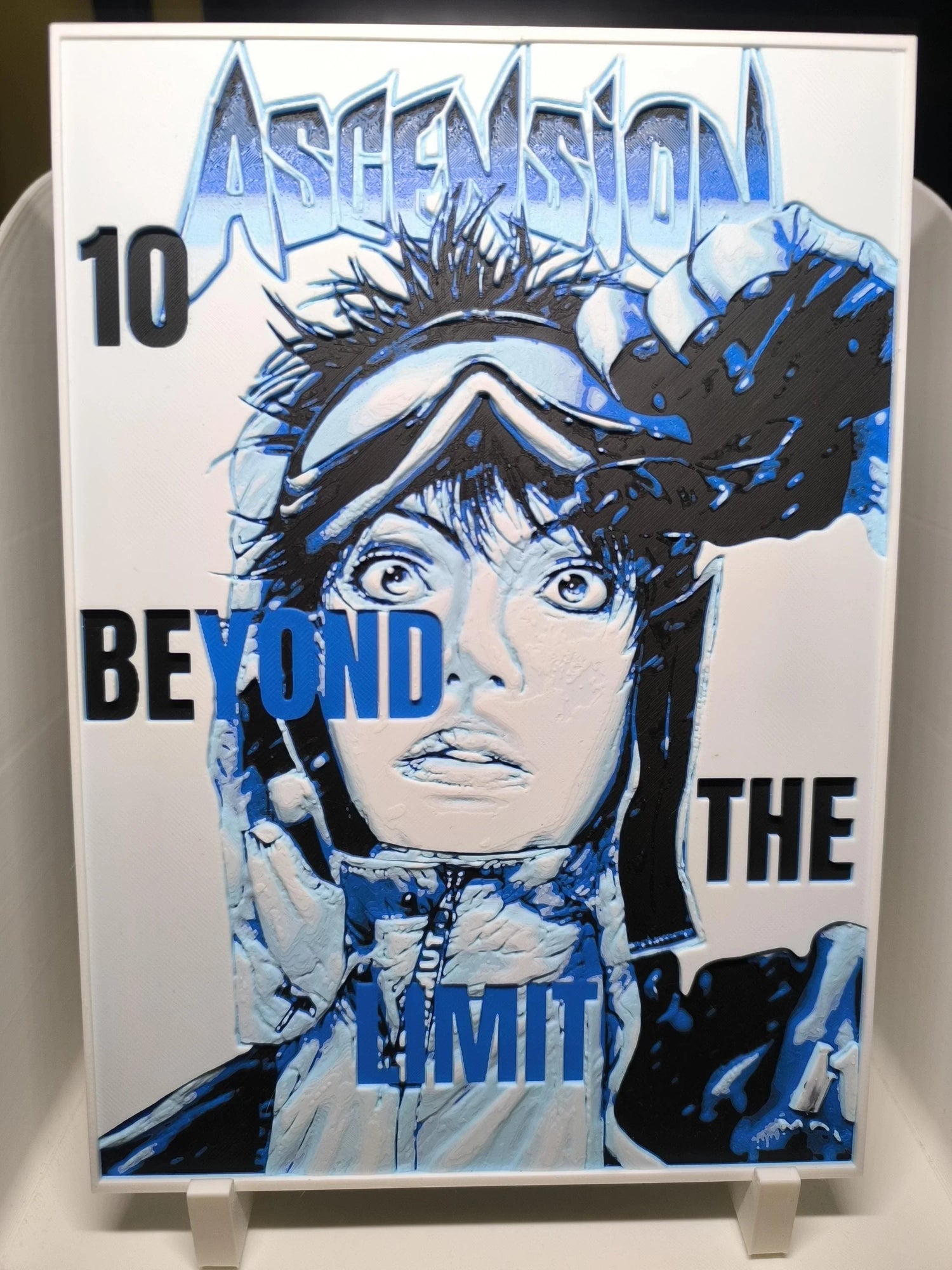 Peinture d'une femme en tenue d'ascension avec lunettes, texte bleu et noir 'Ascension, 10 Beyond the Limit'