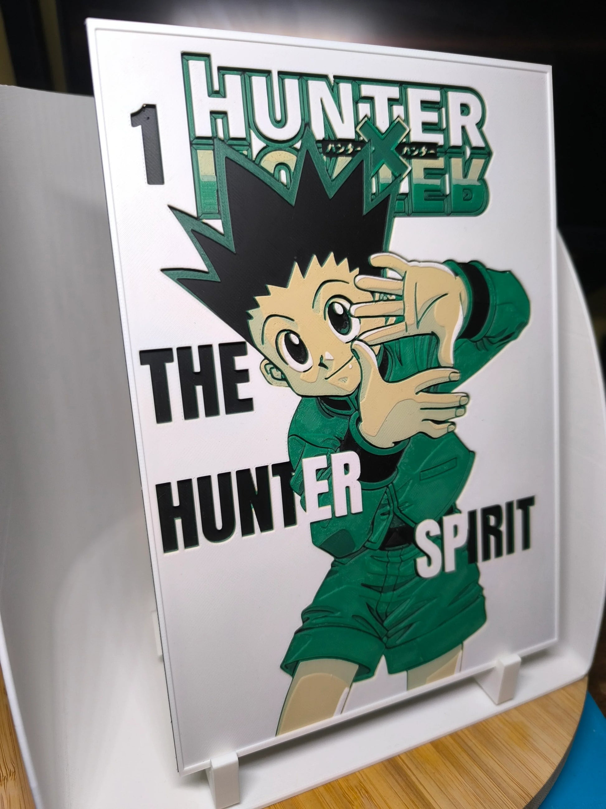 Couverture manga Hunter x Hunter n°1 avec personnage principal en veste verte faisant cadre avec ses mains