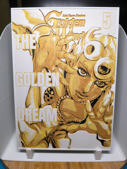 Illustration dorée du personnage Golden Wind de JoJo's Bizarre Adventure avec le texte The Golden Dream
