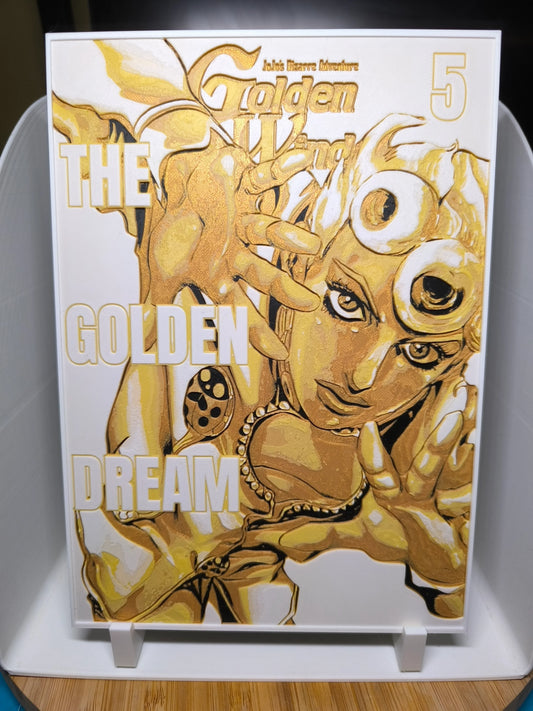 Illustration dorée du personnage Golden Wind de JoJo's Bizarre Adventure avec le texte The Golden Dream