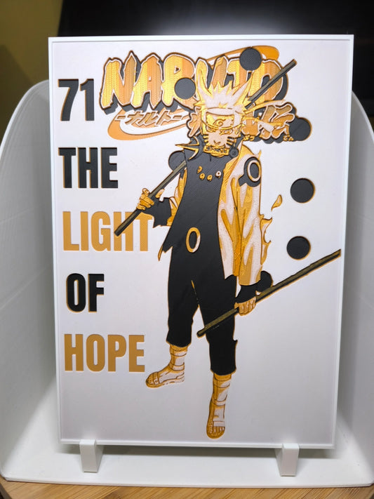 Illustration de Naruto en noir et or avec texte "71 Naruto The Light of Hope" sur fond blanc