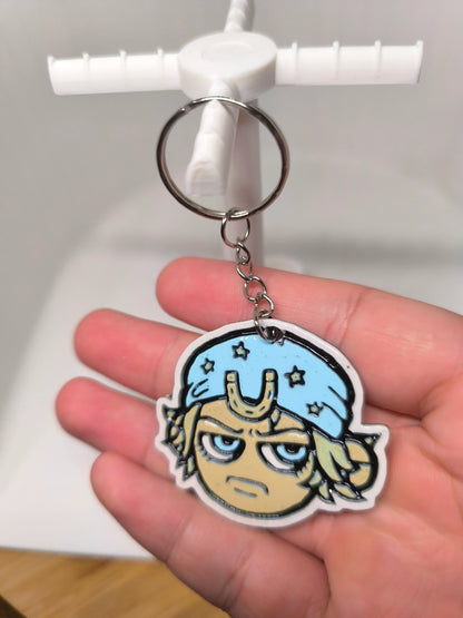 Porte-clés cartoon visage mécontent casquette bleue étoiles fond blanc main