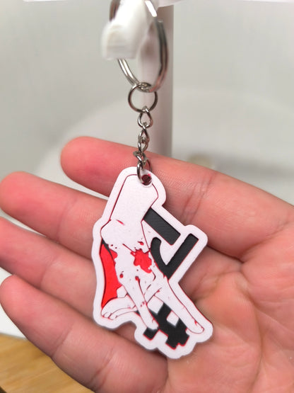 Porte-clés en plastique représentant une main blanche tenant un outil noir, tenu dans une paume