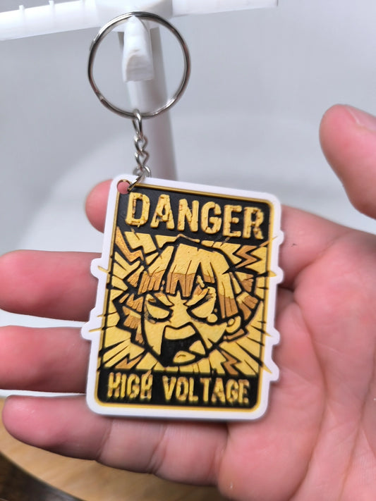 Porte-clés main avec plaque jaune et noire Danger High Voltage illustration visage expressif