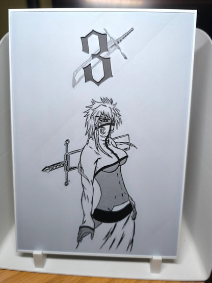 Dessin anime noir et blanc d'un personnage féminin avec une épée dans le dos et un masque