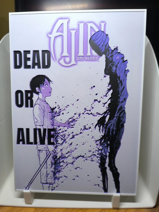 Affiche Ajin semi-humain with anime boy on crutches facing dissolving shadow figure, texte Dead or Alive