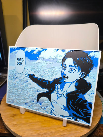 Tableau manga avec personnage s'étendant vers ciel nuageux et texte "FREEDOM" sur support blanc