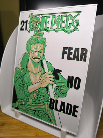 Affiche One Piece 21 avec Roronoa Zoro en vert tenant un sabre, texte Fear No Blade