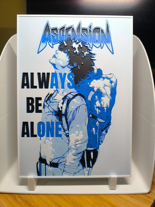 Affiche manga ascension montrant un personnage seul en bleu avec texte Always Be Alone sur fond blanc