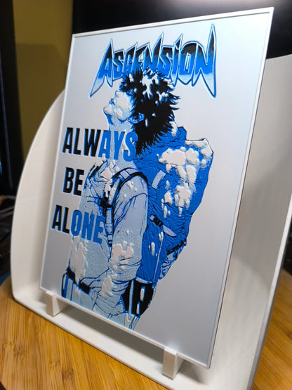 Affiche murale en relief bleue avec personnage de profil et texte "Ascension Always Be Alone"