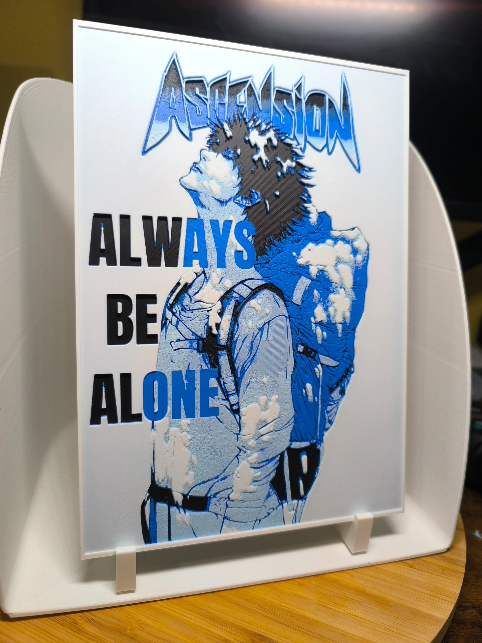 Tableau pop art avec personnage regardant vers le haut et texte Ascension Always Be Alone en bleu et noir