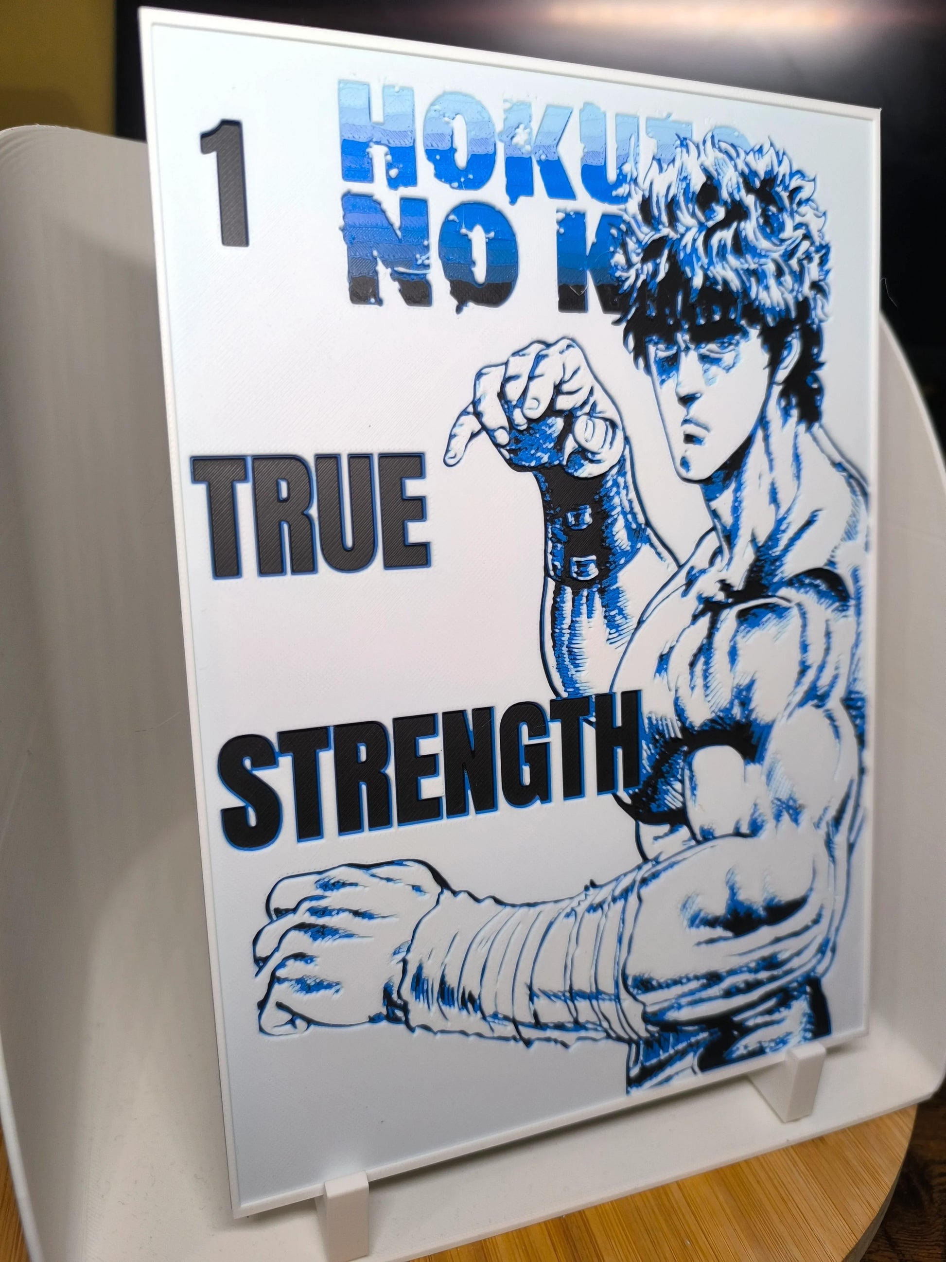 Illustration musclée de personnage avec bandages, texte HOKUTO NO KEN, TRUE STRENGTH