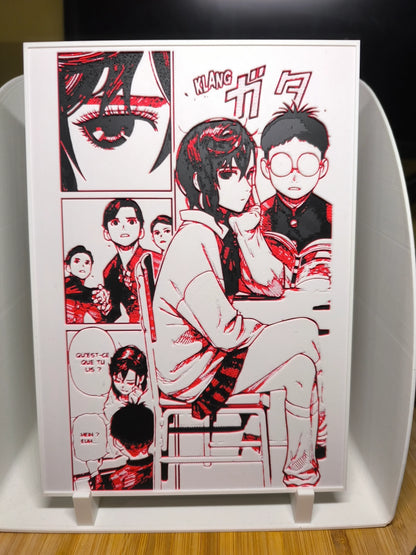 Tableau manga noir rouge blanc montrant personnages dans une scène scolaire, pose et expressions variées