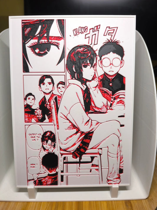 Tableau manga noir rouge blanc montrant personnages dans une scène scolaire, pose et expressions variées