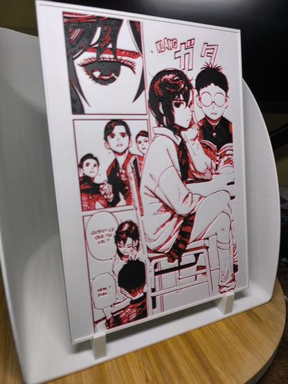 Illustration manga rouge et noir de personnages adolescents assis et discutant sur un support blanc