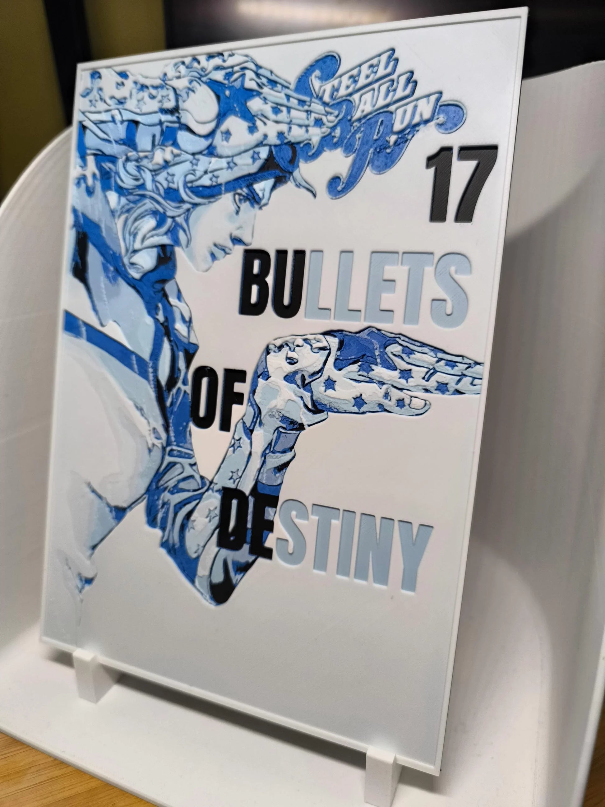Affiche bleue et blanche avec personnage stylisé et texte Bullets of Destiny, chiffre 17